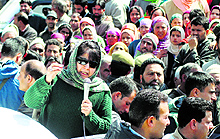 PDP president Mehbooba Mufti addresses a public rally at Pampore in Pulwama district on Sunday