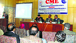 A speaker addresses a seminar on sleep disorders in Srinagar on Sunday