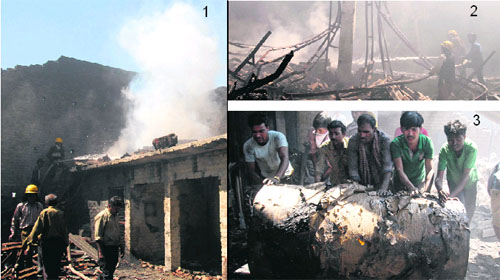 1&2) Firemen douse flames after a fire broke out at a thermocol factory near Jalandhar on Sunday. (3) Factory labourers try to salve things at the factory. 