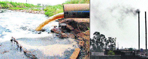 A view of the Kala Sanghian drain in Jalandhar; (right) smoke emanates from an industrial unit located in a residential area in Jalandhar. 