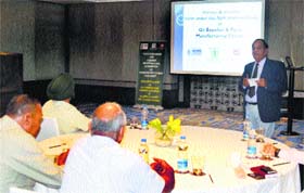 A member addresses the gathering during a meet of OEPMS in Ludhiana.