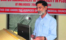 IMA, Ludhiana, president Dr RK Sharma delivers a lecture on polycystic ovarian syndrome on Sunday.