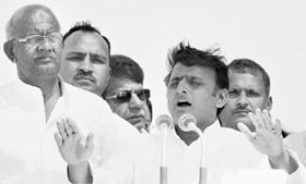 Uttar Pradesh Chief Minister Akhilesh Yadav addresses an election rally in Hapur on Sunday.