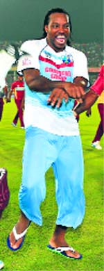 Chris Gayle dances after West Indies beat Australia.