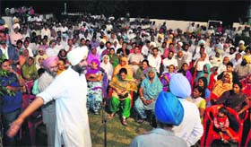Manpreet Badal addresses a gathering in Bathinda on Monday.