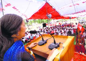 Brinda Karat addresses a gathering at Barwala in Hisar district on Monday