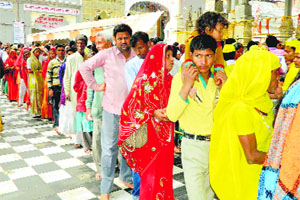 Pilgrims at the Bajjreshwari temple in Kangra on Monday.