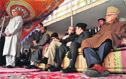 Chief Minister Omar Abdullah at a recent poll rally in Srinagar district. Tribune photo: Amin War