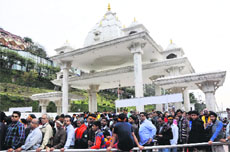 More than 50,000 people visited the Vaishno Devi shrine on Monday. A Tribune photograph