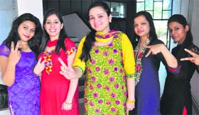 (From left) Young voters Shiwangi, Pulkit, Divya, Palvi and Rattanjeet at Dev Samaj College, Sector 45, Chandigarh.