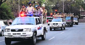 Police personnel take out a flag march in Sector 23, Chandigarh, on Tuesday.