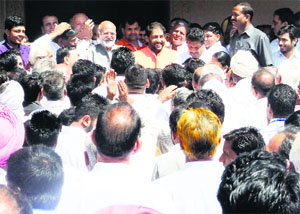 Former minister Gopal Kanda with supporters in Sirsa on Tuesday.