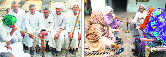 Village elders with hookahs at a village in Jind district; (right) Women enjoy the hookah.
