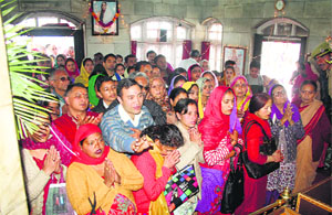 Devotees at the Kalibari Temple in Shimla on Tuesday.