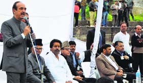 Union Health Minister and Congress candidate for Udhampur-DodaLok Sabha seat Ghulam Nabi Azad addresses an election rally in Jammu.