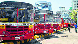 Buses parked at a stand in Mumbai on Tuesday