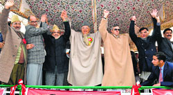 National Conference patron Farooq Abdullah and Chief Minister Omar Abdullah with party leaders in Srinagar. A file photo 