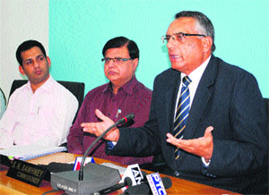 SK Sawhney, Commissioner, Customs (right), addresses mediapersons in Amritsar on Thursday. 
