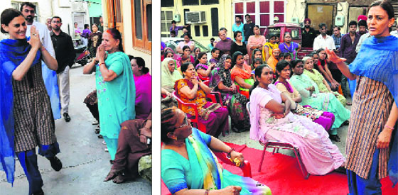 Veenu Badal campaigns for her husband Manpreet Badal in Bathinda on Wednesday.