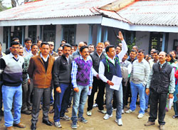 Teachers protest in support of their demands in Dharamsala on Wednesday. Photo: Kamaljeet