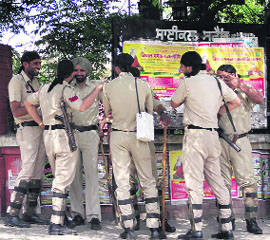 The police force deployed outside the DC office on the first day of filling of nominations in Jalandhar on Wednesday.
