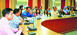 Expenditure observer Kumar Aseem Vaibhav (second from left) briefs mediapersons in Ludhiana