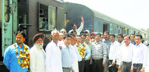 A thin attendance of people, mostly NGO workers, greets Jammu train staff in Abohar on Wednesday. 