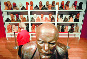 A visitor at the exhibition The myth of the beloved leader at the Historical Museum in Moscow on Wednesday