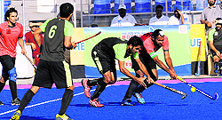 Players in action during the 32nd Petroleum Sports Promotion Boards Inter-Unit Hockey Championship at the hockey stadium in Mohali on Thursday