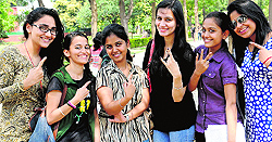 First-time voters at the Government College for Girls, Sector 11, in Chandigarh on Thursday