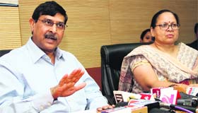 Director General, Income Tax (investigation), Krishna Saini, addresses a press conference in Dehradun on Thursday.