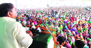 INLD leader Abhay Chautala addressing a rally in Gohana on Thursday.