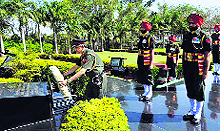 Northern Command chief Lt Gen Sanjiv Chachra lays a wreath at the Infantry War Memorial in Udhampur on Thursday