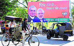 Most of the BJP posters in the state display former Prime Minister Atal Bihari Vajpayee but do not feature senior party leader LK Advani