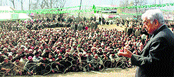PDP patron Mufti Mohammad Sayeed addresses an election rally in Anantnag district on Thursday