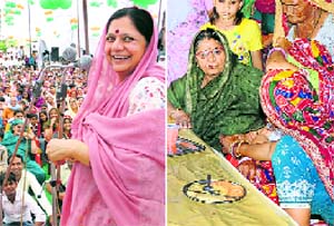 (Left) Haryana CM Bhupinder Hoodas wife Asha; and former MLA Jasma Devi interact with voters on Thursday.