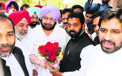 Supporters greet Capt Amarinder Singh in Amritsar on Thursday . Photo: Vishal Kumar