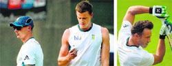 South Africa fast bowlers Dale Steyn, Morne Morkel and Faf du Plessis (right) train on Thursday. AFP