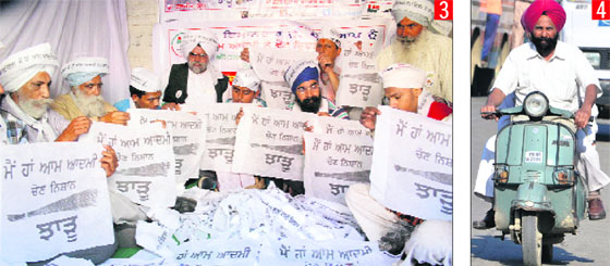 3. volunteers of AAP make posters and head gears; 4. Amarjeet Singh Assal, CPI candidate, in Amritsar on Friday.