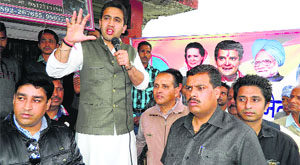 State Youth Congress president Vikramaditya Singh addresses a poll rally at Kholi in Kangra on Friday.