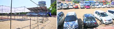 Tents erected for the Bahujan Samaj Party chief Mayawatis rally on April 1 are yet to be removed from the lower terrace; and (right) private and official vehicles parked on the upper terrace of the Parade Ground in Jammu.