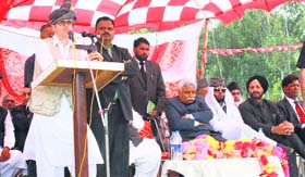 Chief Minister Omar Abdullah speaks during a rally at Mendher in Poonch on Thursday.