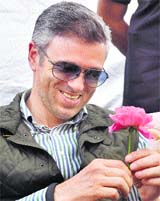 Chief Minister Omar Abdullah at former minister Harbans Singhs residence during campaigning in Jammu on Friday.