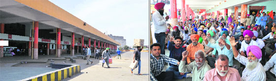 The local bus stand sans buses as employees hold a protest (right) in Ludhiana.