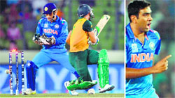 South African captain Faf du Plessis is bowled by Indias R Ashwin; and (right) the spinner celebrates after taking a wicket during the World T20 semifinal in Dhaka on Friday. AFP