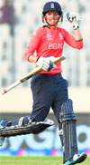 England's Sarah Taylor celebrates their win over South Africa in the Women's T20 World Cup semifinal in Dhaka on Friday. AP/PTI