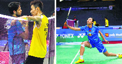 P Kashyap congratulates Lee Chong Wei and Yihan Wang (right) in action against Saina Nehwal. PTI