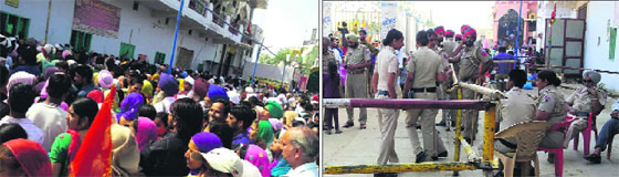 Devotees throng Myserkhana temple to pay their obeisance; and (right) cops deputed at the temple in Bathinda on Saturday.
