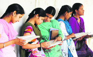 Students do last-minute revision before appearing for an exam at Government Rajindra College in Bathinda on Saturday.