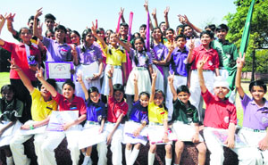 Students of Tribune Model School in jubilant mood at the investiture and award ceremony in Sector 29, Chandigarh, on Saturday.